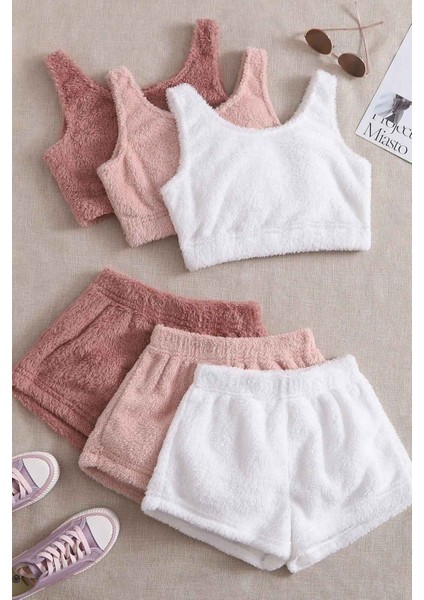 3 Lü Set Kolsuz Askılı Peluş Polar Alt Üst Şortlu Pijama Takımı