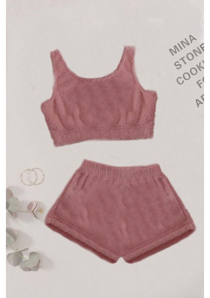 Tek Renk 1 Takım Kolsuz Askılı Peluş Polar Alt Üst Şortlu Pijama Takımı