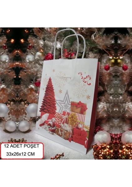Saplı Kraft Yılbaşı Hediye Çantası Poşeti 33X26X12 cm 12 Adet Model 2