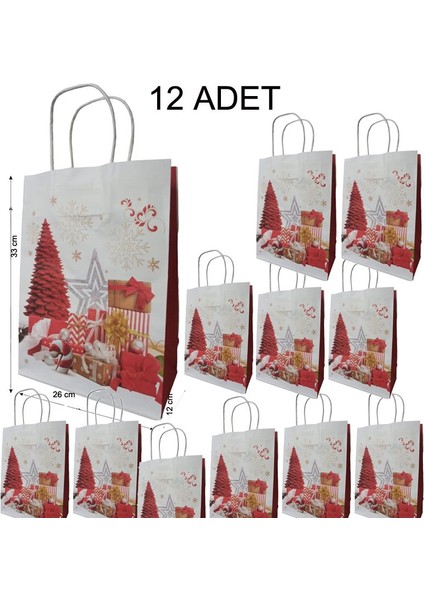 Saplı Kraft Yılbaşı Hediye Çantası Poşeti 33X26X12 cm 12 Adet Model 2