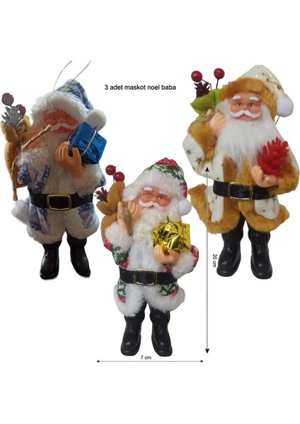 3 Adet Plastik Üzerine Elbiseli Noel Baba Maskotu 20 cm