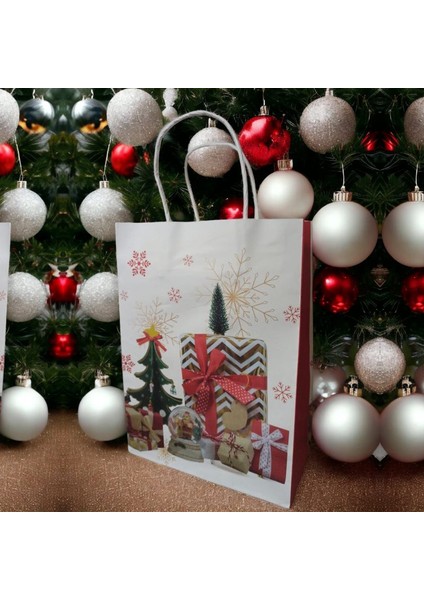 Saplı Kraft Yılbaşı Hediye Çantası Poşeti 26X9,5X19 cm 12 Adet Model 4
