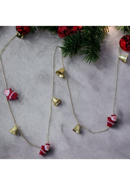 Altın Renk 150 cm Çanlı Noel Babalı Yılbaşı Zincir Dekor Süsü 1 Adet