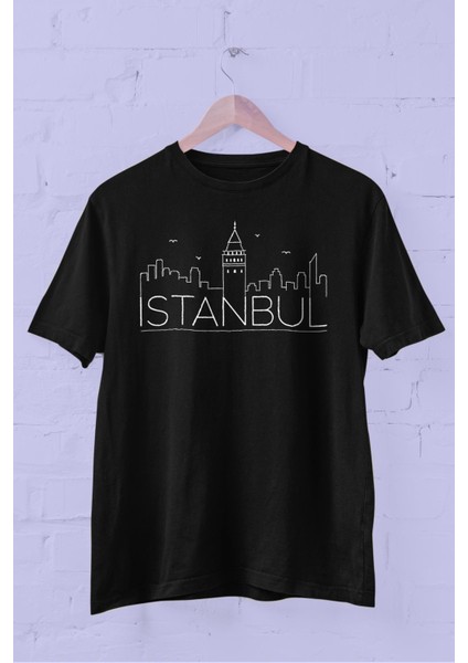 Istanbul Silüeti Baskılı Bisiklet Yaka Erkek Tişört