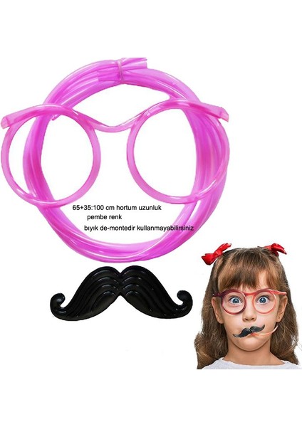 Straw Glasses Pipetli Bıyıklı Içecek Gözlüğü Pembe Renk