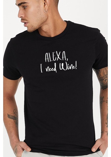 Alexa I Need Wine Baskılı Bisiklet Yaka Erkek Tişört