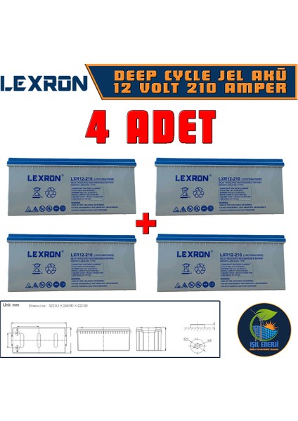 12V 210 Ah Solar Jel Akü - 12 Volt 210 Amper Solar Jel Akü - 4 Adet