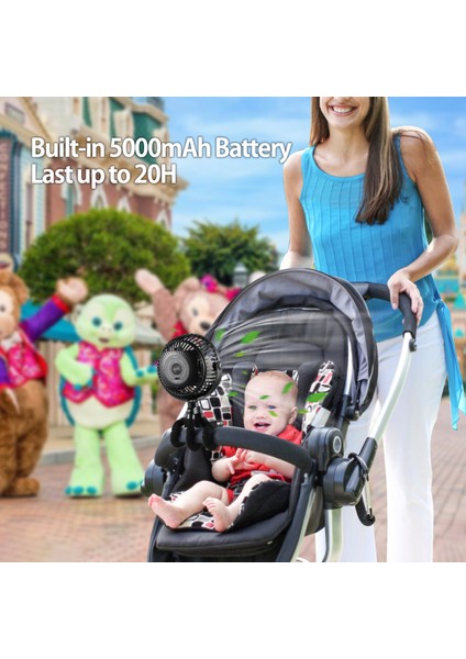 D37 5000 Mah Bebekler Için USB Şarjlı Ahtapot Fan (Bebek Arabaları, Oto Koltukları, Beşikler Vb Için Ideal)