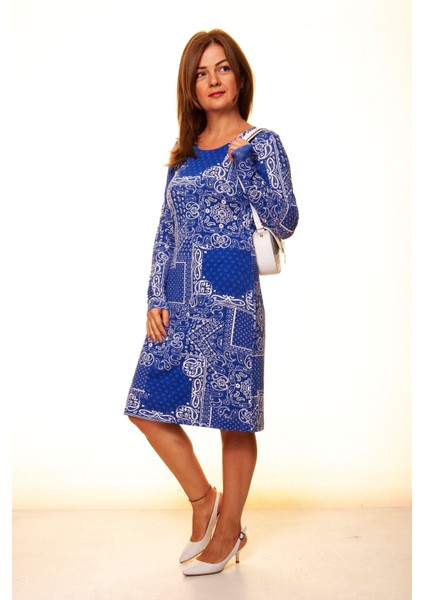 Kadın Uzun Kol Beyaz Mavi Likralı Elbise 1E-6020 modelleri