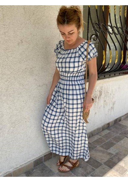 Kadın Madonna Yaka Gipeli Desenli Yazlık Uzun Elbise 12A-5064