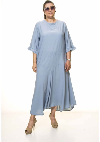 Kadın Büyük Beden Bebe Mavisi Uzun Asimetrik Fırfır Kol Elbise A3-4044 fiyatları