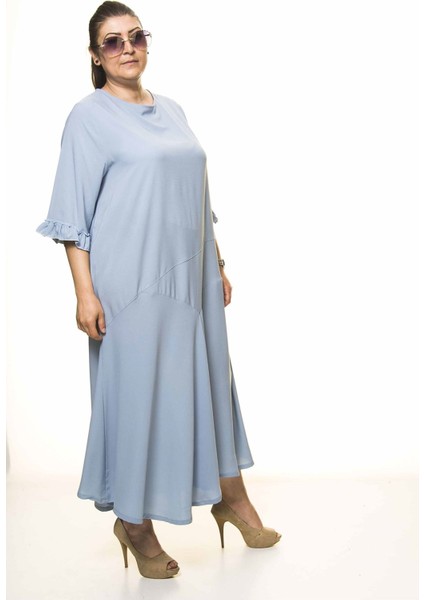 Kadın Büyük Beden Bebe Mavisi Uzun Asimetrik Fırfır Kol Elbise A3-4044 modelleri