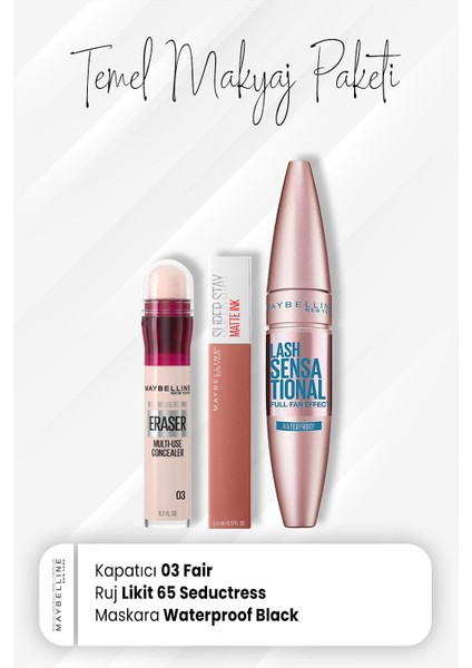 Eraser Kapatıcı 03, Waterproof Maskara Intense Black ve Matte Ink Ruj 65 Seductress