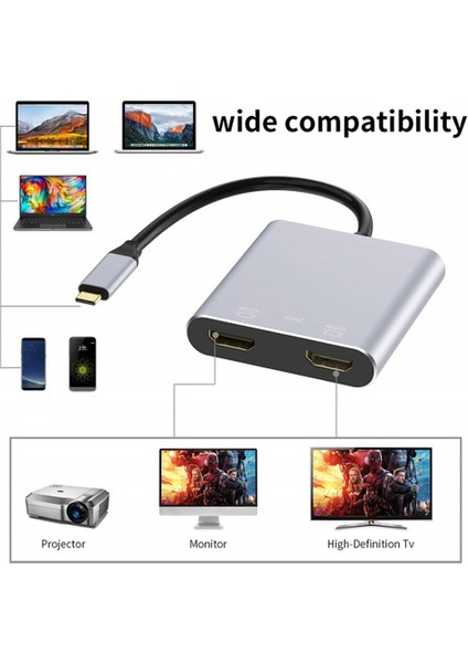 4ın1 USB Tip C Hub'dan Çift 4K Hd'ye Uyumlu Şarj Bağlantı Noktası Usb-C Bağlantı Istasyonu Adaptörü Çift Ekran Desteği (Yurt Dışından)