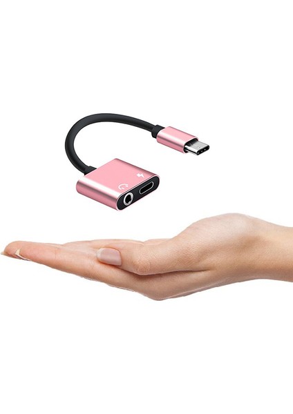 2'si 1 Arada Type-C - 3,5 mm Kulaklık Jakı Adaptörü/konektörü Şarj Cihazı, Kulaklık Aux Ses ve Şarj Adaptörü Pembe Altın (Yurt Dışından)