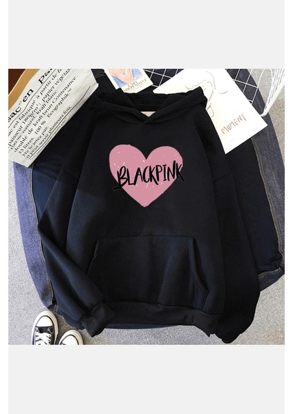 Black Pink Kalp Kapşonlu Sweatshirt