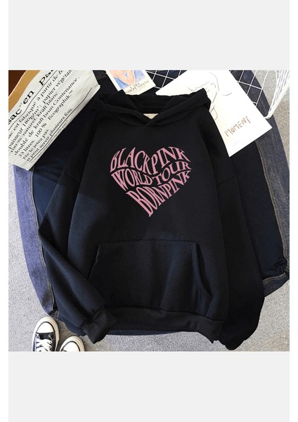 Black Pink Yazılı Kalp Kapşonlu Sweatshirt