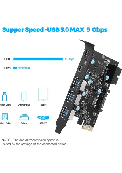 Pcı-E x 1 - USB Genişletme Kartı, USB 3.0 5gpbs Pcı Express Kartı, Pc Masaüstü Için Pcıe Anakart Kartı, Windows Linux (Yurt Dışından)