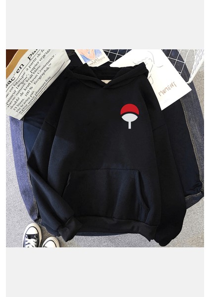 Itachi Uchiha Logo Ön-Arka Baskılı Kapşonlu Sweatshirt