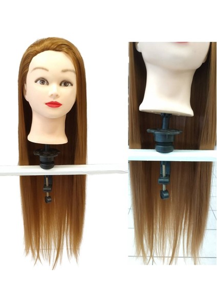 My Hair Türkiye Koyu Karamel Kuaför Eğitim Mankeni 65 cm Masa Aparatı Armağan Fiber Sentetikdir