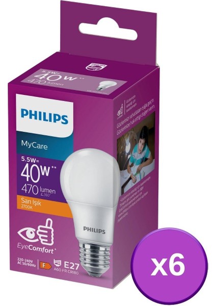 Phılıps LED 5-40W Ampul 2700K Sarı Işık 6lı