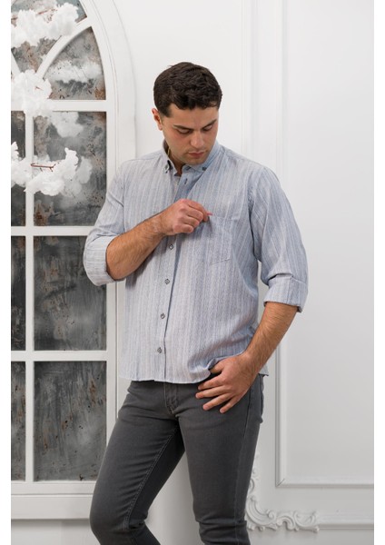 Geniş ve Rahat Kesim Cepli Çizgili Klasik Erkek Gömlek modelleri
