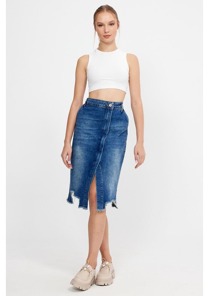 Özel Koleksiyon Yırtmaçlı Yırtık Detaylı Denim Etek (2015) modelleri