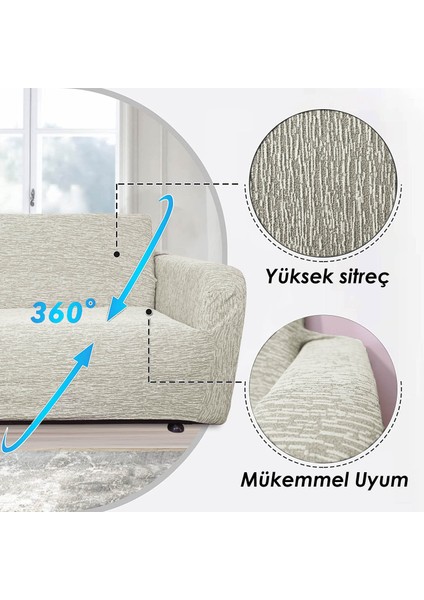 Jakarlı Tek Kişilik Lastikli Koltuk Kılıfı Çekyat Koltuk Örtüsü Streç Esnek kanepe kılıfı Düz Desen Krem
