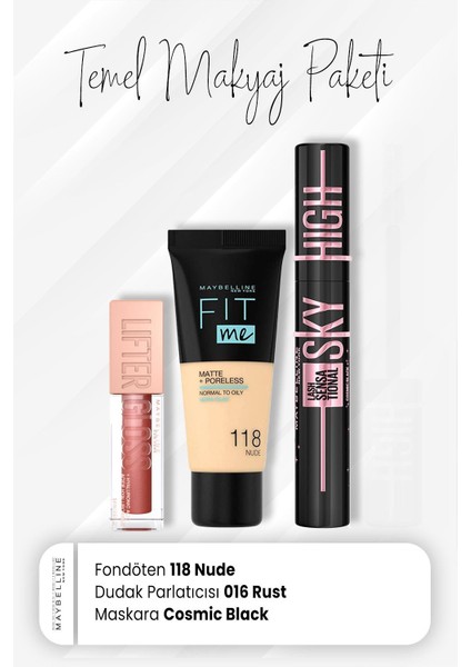 Fit Me Fondöten 118, Sky High Maskara Cosmic Black ve Dudak Parlatıcı 016 Rust