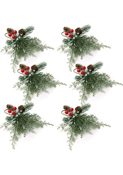 Noel Peçete Halkaları 6'lı Set, Yapay Çam Kozalakları Dalları Kırmızı Berry Dekorlu Peçete Tutucu Halkaları (Yurt Dışından)
