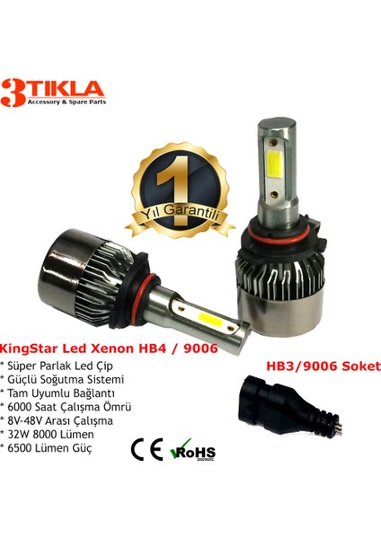 Kingstar Hb4 9006 Beyaz LED Xenon Şimşek Etkili Far Ampül 8000 Lümen