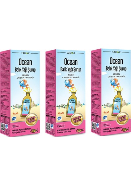 Ocean Balık Yağı Şurubu Karışık Meyve Aromalı Şurup 150 ml 3 Kutu