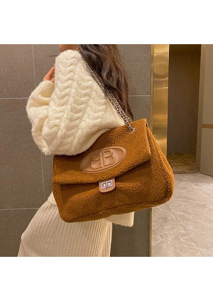 Yün Tote Çanta Kuzu Yünü Omuz Hobo Çanta Kadın Büyük Kapasiteli Çok Yönlü Koltuk Altı Crossbody Çanta (Yurt Dışından)