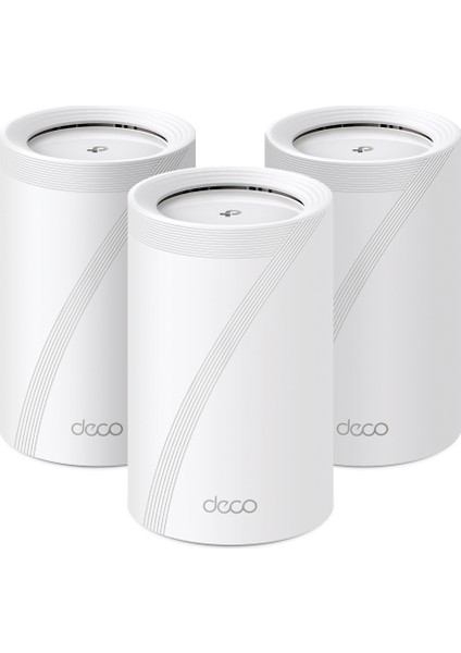 Deco BE65(3-pack), BE9300 Mbps, 4 × 2.5 Gbps Portlar, 320 MHz Kanallar, 6 GHz Bandında Çalışır, 200 Cihaza Kadar Bağlanılabilirlik, VPN, WPA3, Üç Bantlı Wi-Fi 7 Mesh Sistemi