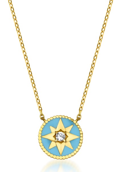 Jewelry 14 Ayar Altın Yıldız Figürlü Işıltılı Mavi Mineli Kolye KRS-N130-14GNZ