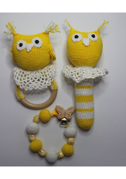 Ilgaz Shop Design Amigurumi Organik Sarı Baykuş Bebek Emzik Askısı Çıngırak ve Diş Kaşıyıcı Seti