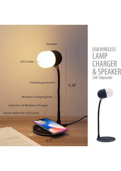 Kablosuz Akıllı Şarj Cihazı Için LED Masa Lambası Ev Ofis Başucu Masa Gece Lambası Bluetooth Bağlantılı Hoparlör Beyaz (Yurt Dışından)