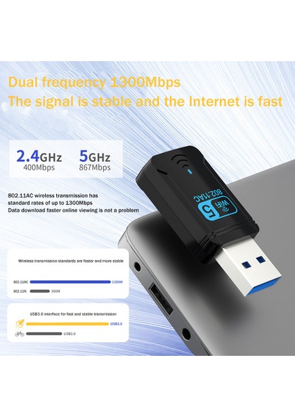 1300 Mbps Wifi Adaptörü USB Kablosuz Ağ Kartı Çift Bant 2.4 Ghz 5 Ghz Usb3.0 Wıfı Adaptörü Masaüstü Dizüstü Bilgisayar Için (Yurt Dışından)