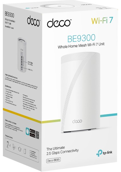 TP-Link Deco BE65(1-pack), BE9300 Mbps, 4 × 2.5 Gbps Portlar, 320 MHz Kanallar, 6 GHz Bandında Çalışır, 200 Cihaza Kadar Bağlanılabilirlik, VPN, WPA3, Üç Bantlı Wi-Fi 7 Mesh Sistemi