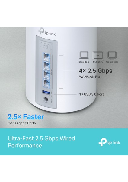 TP-Link Deco BE65(1-pack), BE9300 Mbps, 4 × 2.5 Gbps Portlar, 320 MHz Kanallar, 6 GHz Bandında Çalışır, 200 Cihaza Kadar Bağlanılabilirlik, VPN, WPA3, Üç Bantlı Wi-Fi 7 Mesh Sistemi