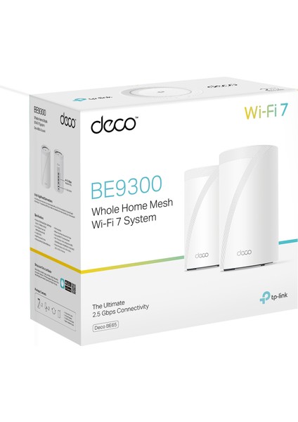 TP-Link Deco BE65(2-pack), BE9300 Mbps, 4 × 2.5 Gbps Portlar, 320 MHz Kanallar, 6 GHz Bandında Çalışır, 200 Cihaza Kadar Bağlanılabilirlik, VPN, WPA3, Üç Bantlı Wi-Fi 7 Mesh Sistemi