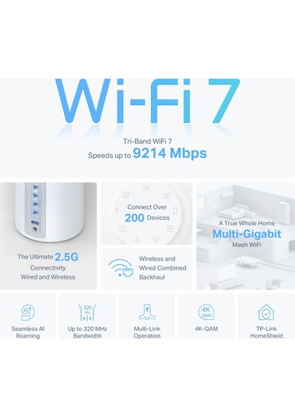 TP-Link Deco BE65(2-pack), BE9300 Mbps, 4 × 2.5 Gbps Portlar, 320 MHz Kanallar, 6 GHz Bandında Çalışır, 200 Cihaza Kadar Bağlanılabilirlik, VPN, WPA3, Üç Bantlı Wi-Fi 7 Mesh Sistemi