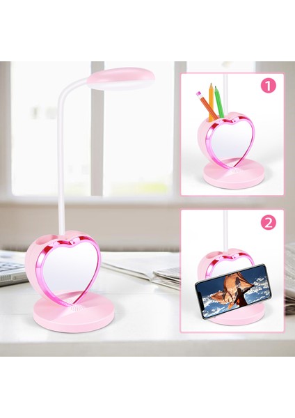 Kızlar Için LED Masa Lambası, USB Şarj Bağlantı Noktalı ve Kalem Tutuculu Şarj Edilebilir LED Masa Lambası, Göz Bakımı Kısılabilir Pembe (Yurt Dışından)