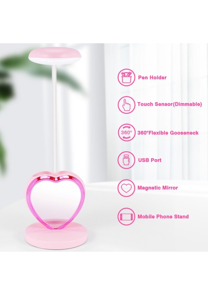 Kızlar Için LED Masa Lambası, USB Şarj Bağlantı Noktalı ve Kalem Tutuculu Şarj Edilebilir LED Masa Lambası, Göz Bakımı Kısılabilir Pembe (Yurt Dışından)