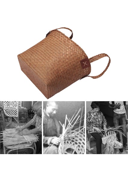 Doğal Yuvarlak Hasır Sepetli Kova El Yapımı Tutacaklı Turuncu 33X21X26CM (Yurt Dışından)