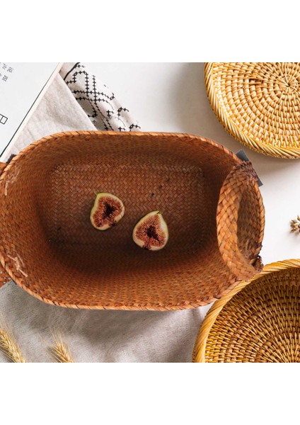 Doğal Yuvarlak Hasır Sepetli Kova El Yapımı Tutacaklı Turuncu 33X21X26CM (Yurt Dışından)