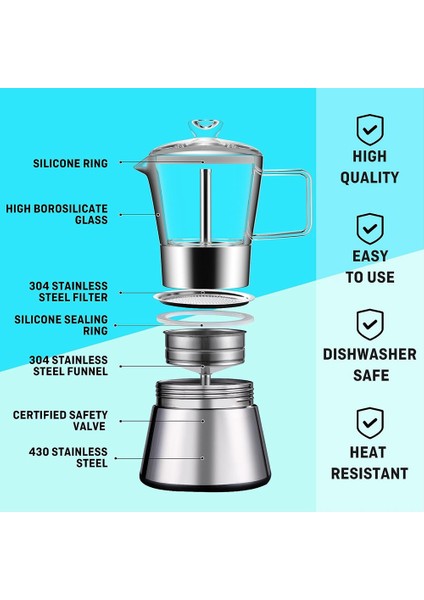 Moka Indüksiyonlu Set Üstü Espresso Makinesi, Cam Üstlü ve Paslanmaz Çelik Espresso Moka Pot, Klasik Italyan Kahve Makinesi, 240ML (Yurt Dışından)