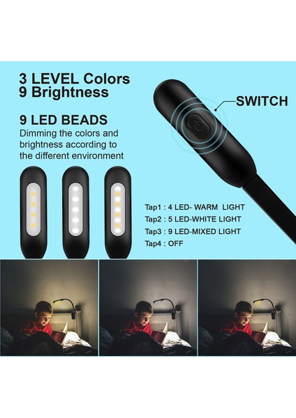 Kitap Işığı, Şarj Edilebilir Okuma Işığı, Yatakta Okumak Için 3 Parlaklığa Sahip 9 LED Kitap Işığı, Kolay Takılabilen Okuma Lambası (Yurt Dışından)