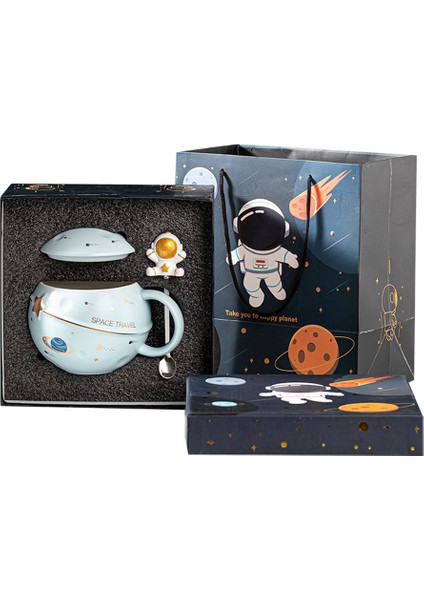 Kapaklı ve Kaşıklı Sevimli Astronot Kupa, Kahve, Çay ve Süt Için Kawaii Fincan Yenilik Kupa, Kupa Hediye, Koyu Mavi (Yurt Dışından)