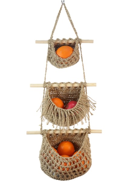 Duvar Meyve Sepeti Örgülü Asılı Sepetler Mutfak Meyve ve Sebze Sepeti 3 Katmanlı Depolama Asılı Dokuma Cep A (Yurt Dışından)